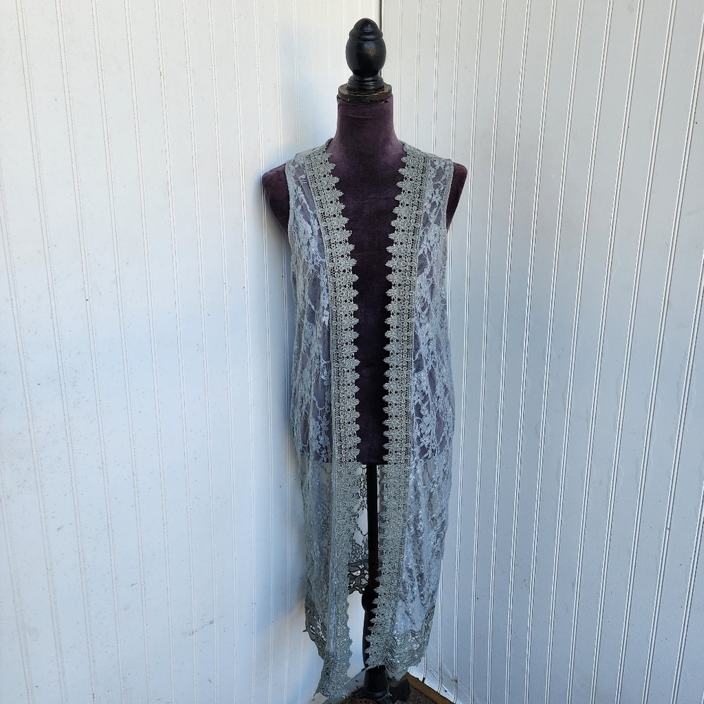 Polly Esther Gray Green Lace Open Front Blouse Duster Womens Stretch Nylon Sz M